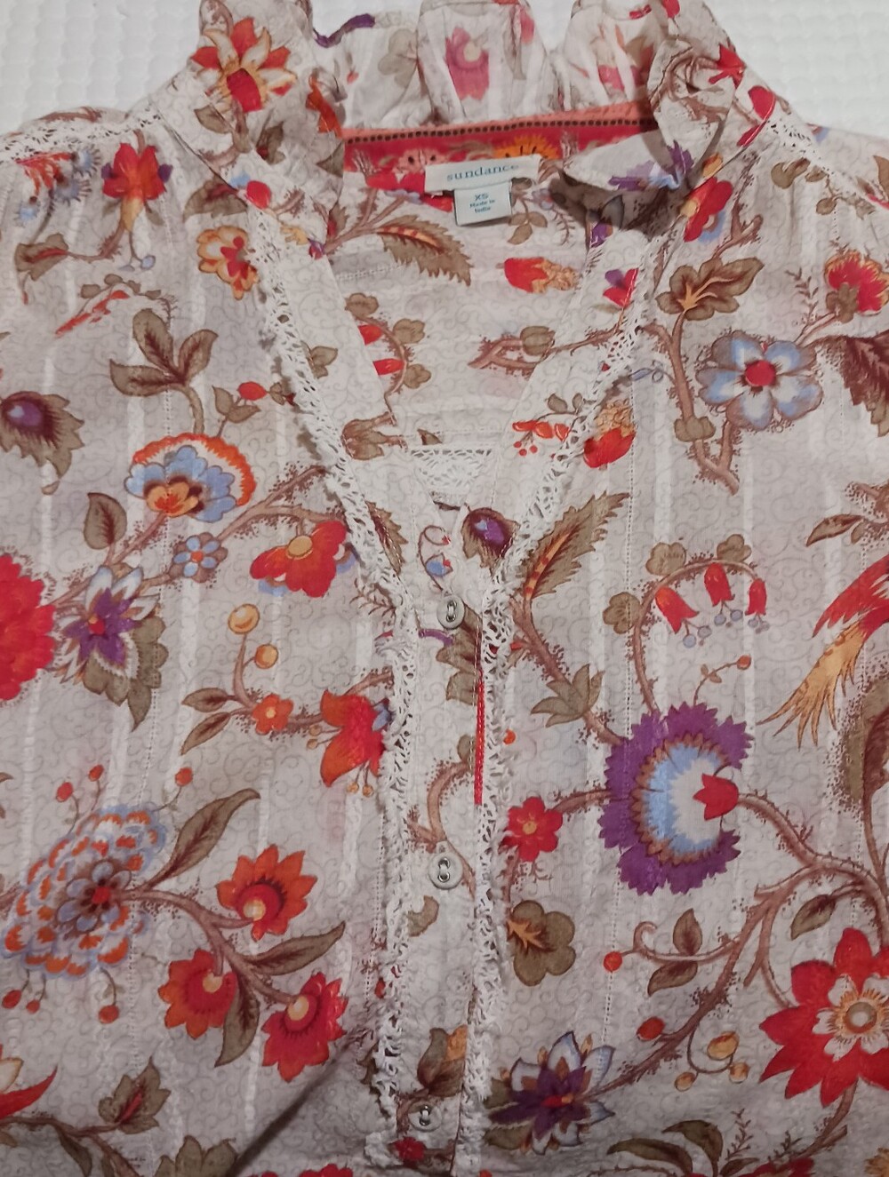 Sundance Ruffle Collar Floral Pheasant Relaxed Blouse Lace Trim - Picture 11 of 13